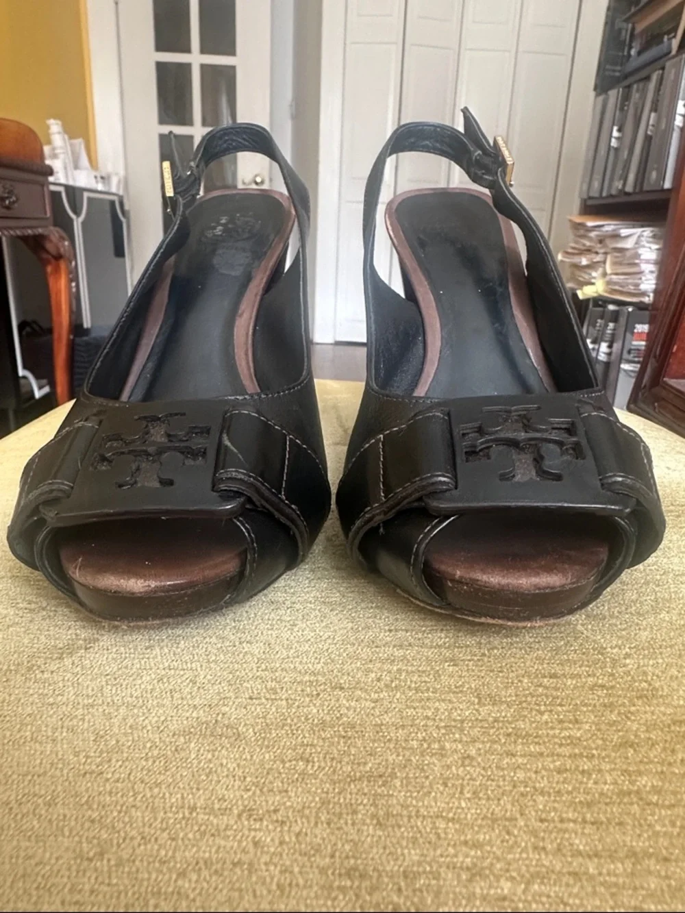 Tory Burch Black Leather Slingback Peep-Toe Heels with Buckle Detail Size 8.5